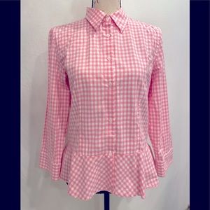 Lauren Ralph Lauren Long Sleeve Pink Peplum Gingham Button Down Collared Top